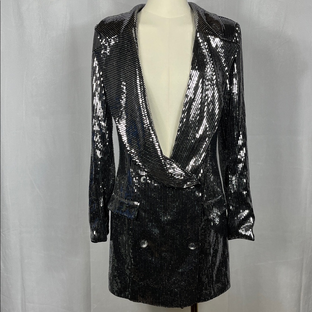 Revolve h:ours Sequin Trixy Blazer Dress in Black/Silver.